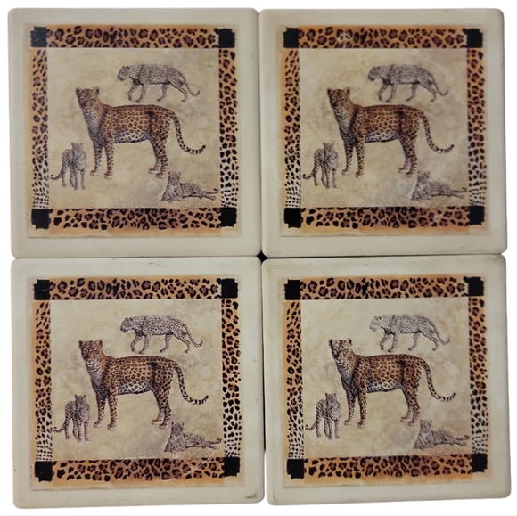 4 Vtg Cheetah Animal Square Ceramic Coasters Non-Slip Cork Back - Picture 2 of 7